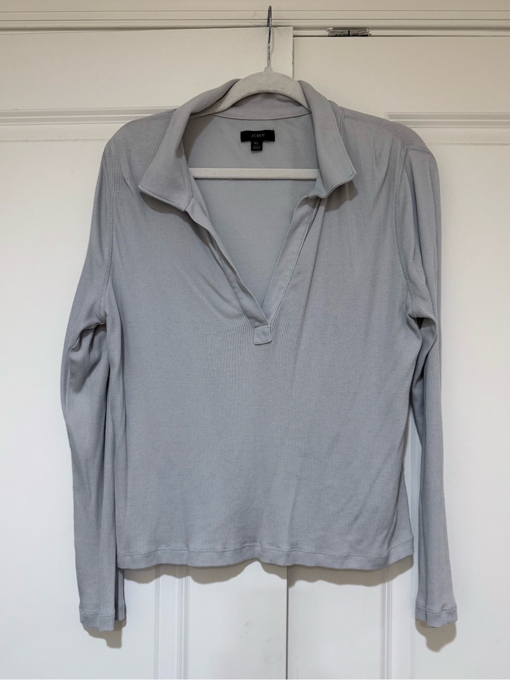 J. Crew Light Gray/Blue Ribbed Collared Pullover Long-Sleeve V-Neck T - BA415